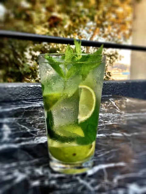 Buz dolu bardakta yeşil mojito kokteyli, taze nane yaprakları ve limon dilimleriyle garnili. Işıl ışıl buharlaşmış camda, bulanık bahçe ortamında güneş ışığı altında. — KiKi, Sıraselviler 42, Cihangir, İstanbul